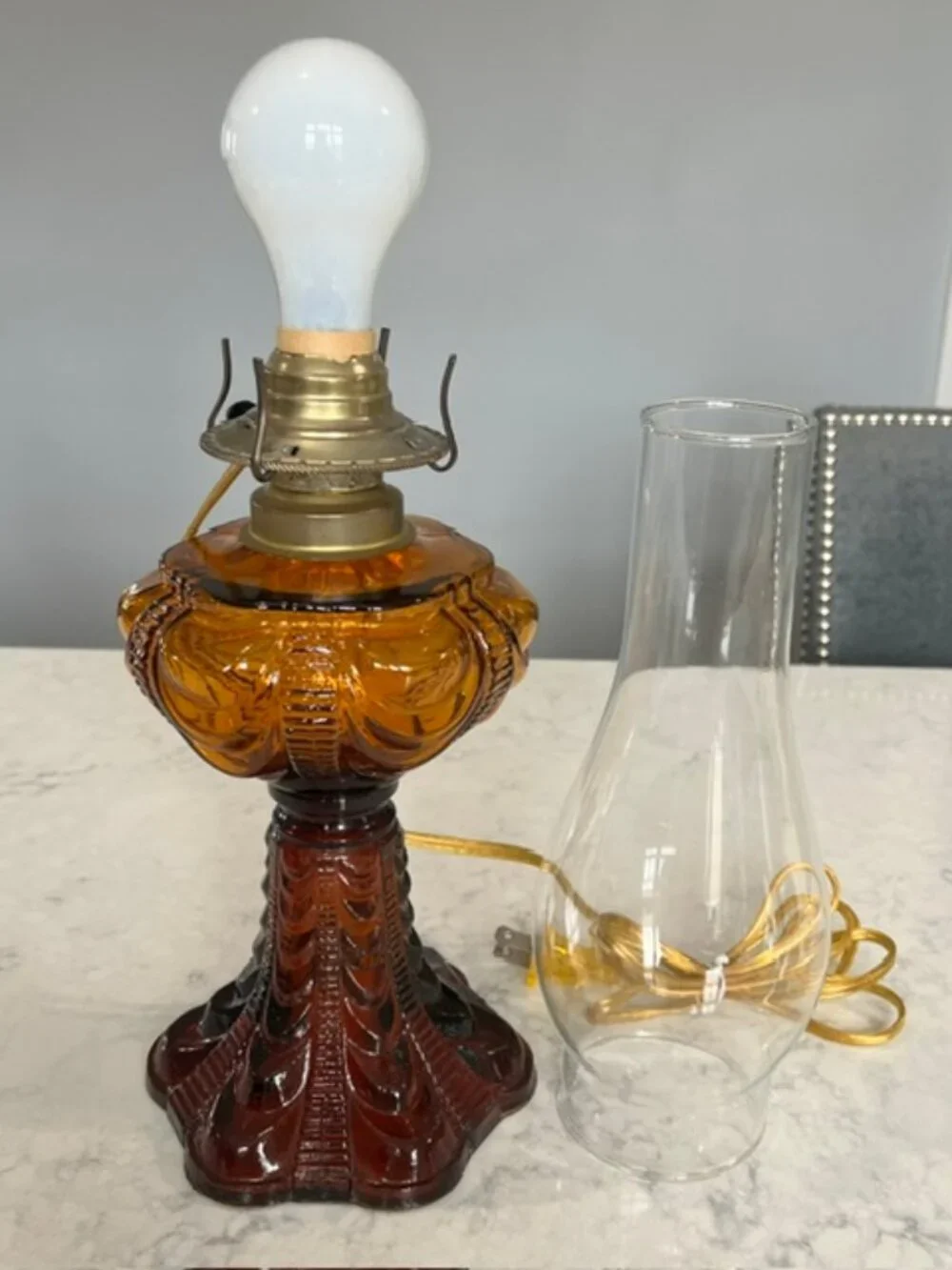 Vintage Coolidge Style Amber Glass Kerosene Lamp Converted to Electrical Supply